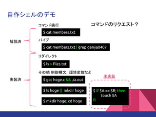 自作シェルのデモ
$ cat members.txt
$ cat members.txt | grep genya0407
コマンド実行
パイプ
リダイレクト
$ gcc hoge.c && ./a.out
その他 制御構文，環境変数など
$ ls hoge || mkdir hoge $ if $A == $B; then
touch $A
fi$ mkdir hoge; cd hoge
$ ls > files.txt
実装済
未実装
解説済
コマンドのリクエスト？
 