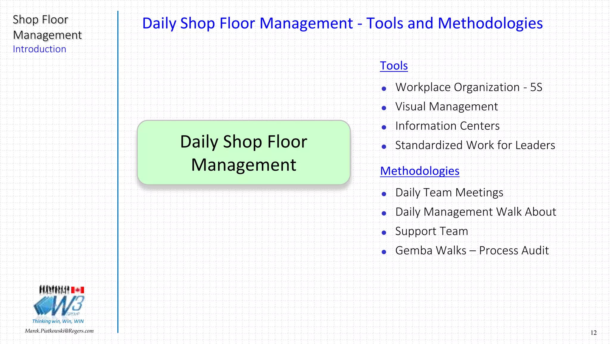 12Marek.Piatkowski@Rogers.com
Shop Floor
Management
Introduction
Thinkingwin, Win, WIN
Daily Shop Floor Management - Tools and Methodologies
Tools
 Workplace Organization - 5S
 Visual Management
 Information Centers
 Standardized Work for Leaders
Methodologies
 Daily Team Meetings
 Daily Management Walk About
 Support Team
 Gemba Walks – Process Audit
Daily Shop Floor
Management
 