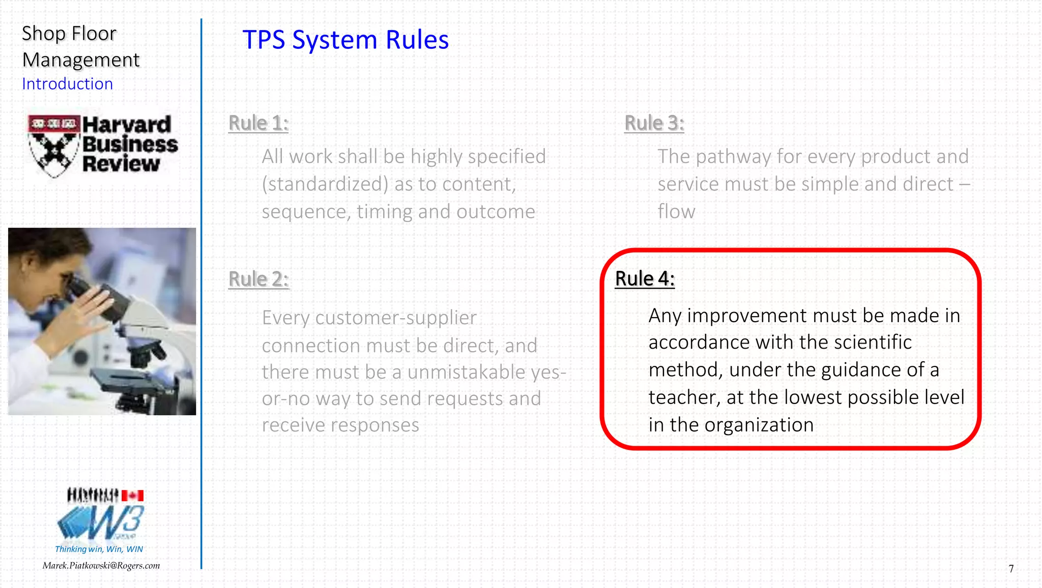 7Marek.Piatkowski@Rogers.com
Shop Floor
Management
Introduction
Thinkingwin, Win, WIN
TPS System Rules
Rule 2:
Every customer-supplier
connection must be direct, and
there must be a unmistakable yes-
or-no way to send requests and
receive responses
Rule 1:
All work shall be highly specified
(standardized) as to content,
sequence, timing and outcome
Rule 3:
The pathway for every product and
service must be simple and direct –
flow
Rule 4:
Any improvement must be made in
accordance with the scientific
method, under the guidance of a
teacher, at the lowest possible level
in the organization
 