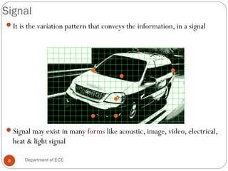 Signal
It is the variation pattern that conveys the information, in a signal
Signal may exist in many forms like acoustic, image, video, electrical,
heat & light signal
8 Department of ECE
 