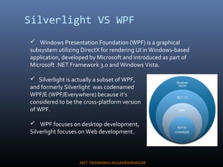 Silverlight VS WPF
 Windows Presentation Foundation (WPF) is a graphical
subsystem utilizing DirectX for rendering UI in ...