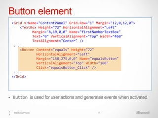 Button element
    <Grid x:Name="ContentPanel" Grid.Row="1" Margin="12,0,12,0">
        <TextBox Height="72" HorizontalAlignment="Left"
              Margin="8,19,0,0" Name="firstNumberTextBox"
              Text="0" VerticalAlignment="Top" Width="460"
              TextAlignment="Center" />
     . . .
        <Button Content="equals" Height="72"
                HorizontalAlignment="Left"
                Margin="158,275,0,0" Name="equalsButton"
                VerticalAlignment="Top" Width="160"
                Click="equalsButton_Click" />
     . . .
    </Grid>




   Button is used for user actions and generates events when activated

1    Windows Phone                            14
4
 