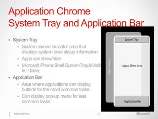Application Chrome
System Tray and Application Bar
 System Tray
     System owned indicator area that
      displays system-level status information
     Apps can show/hide
     Microsoft.Phone.Shell.SystemTray.IsVisib
      le = false;
 Application Bar
     Area where applications can display
      buttons for the most common tasks
     Can display pop-up menu for less
      common tasks

2   Windows Phone                           26
6
 