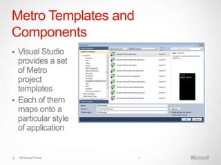 Metro Templates and
Components
 Visual Studio
  provides a set
  of Metro
  project
  templates
 Each of them
  maps onto a
  particular style
  of application


6   Windows Phone     6
 