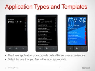 Application Types and Templates




 The three application types provide quite different user experiences
 Select the one that you feel is the most appropriate


7   Windows Phone                              7
 