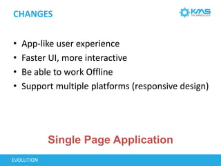 CHANGES
EVOLUTION
• App-like user experience
• Faster UI, more interactive
• Be able to work Offline
• Support multiple platforms (responsive design)
Single Page Application
 