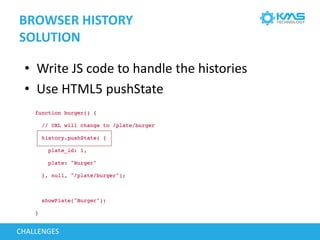 BROWSER HISTORY
SOLUTION
CHALLENGES
• Write JS code to handle the histories
• Use HTML5 pushState
 