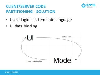 CLIENT/SERVER CODE
PARTITIONING - SOLUTION
CHALLENGES
• Use a logic-less template language
• UI data binding
 