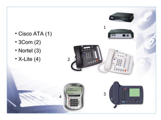 1 2 3 Cisco ATA (1) 3Com (2) Nortel (3) X-Lite (4) 4 