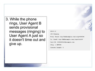 3. While the phone rings, User Agent B sends provisional messages (ringing) to User Agent A just so it doesn't time out and give up.   