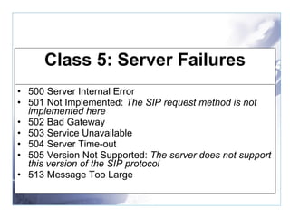 Class 5: Server Failures 500 Server Internal Error  501 Not Implemented:  The SIP request method is not implemented here   502 Bad Gateway  503 Service Unavailable  504 Server Time-out  505 Version Not Supported:  The server does not support this version of the SIP protocol   513 Message Too Large  