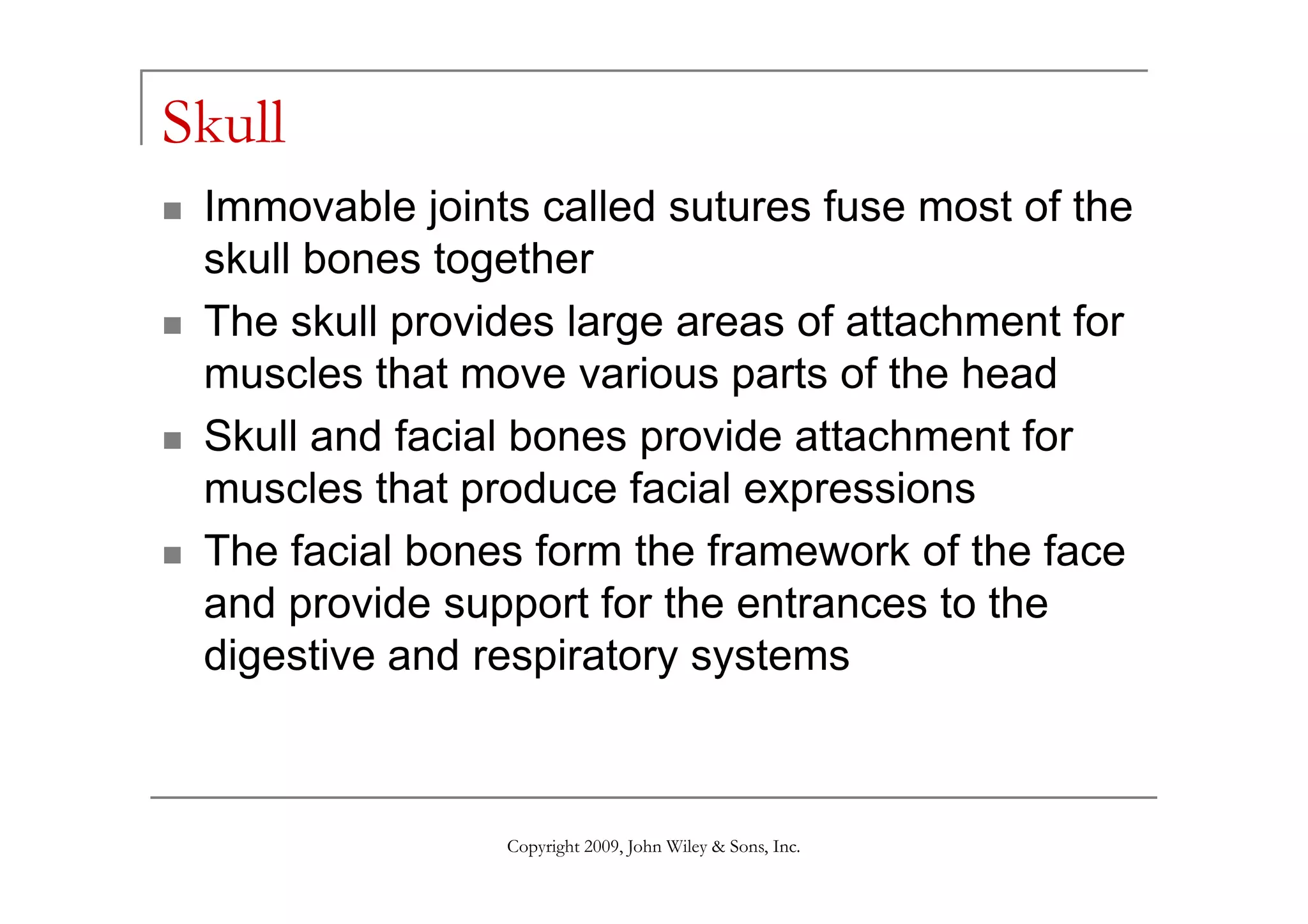 Skull
Immovable joints called sutures fuse most of the
skull bones together
The skull provides large areas of attachment for
muscles that move various parts of the head
Skull and facial bones provide attachment for
Copyright 2009, John Wiley & Sons, Inc.
muscles that produce facial expressions
The facial bones form the framework of the face
and provide support for the entrances to the
digestive and respiratory systems
 
