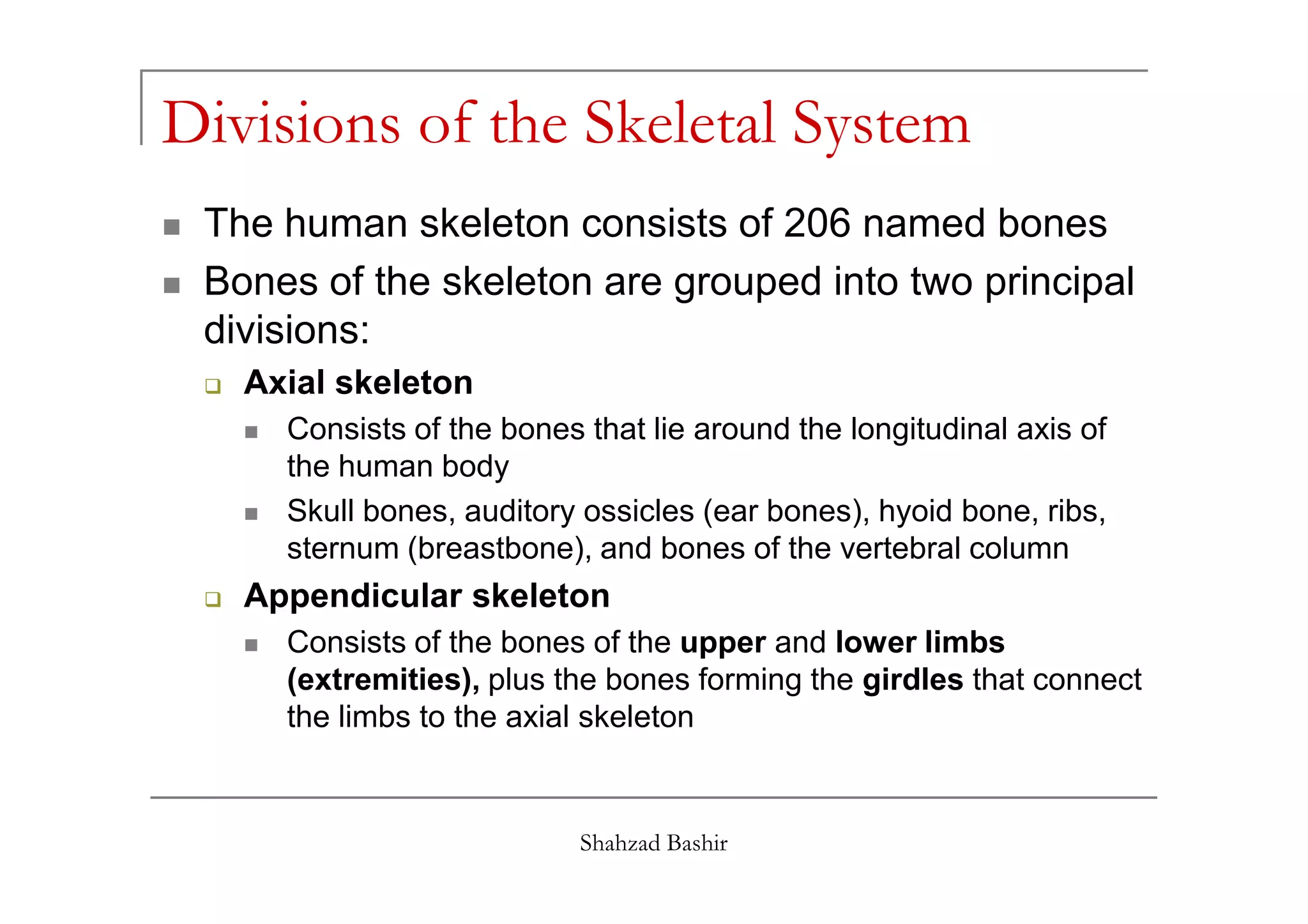 Divisions of the Skeletal System
The human skeleton consists of 206 named bones
Bones of the skeleton are grouped into two principal
divisions:
Axial skeleton
Consists of the bones that lie around the longitudinal axis of
the human body
Shahzad Bashir
the human body
Skull bones, auditory ossicles (ear bones), hyoid bone, ribs,
sternum (breastbone), and bones of the vertebral column
Appendicular skeleton
Consists of the bones of the upper and lower limbs
(extremities), plus the bones forming the girdles that connect
the limbs to the axial skeleton
 
