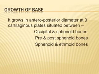 GROWTH OF BASE
It grows in antero-posterior diameter at 3
cartilaginous plates situated between –
Occipital & sphenoid bones
Pre & post sphenoid bones
Sphenoid & ethmoid bones
 