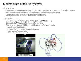 Modern State of the Art Systems
18
- Sparse SLAM
- Only use a small selected subset of the pixels (features) from a monocular color camera
- Fast and real time on CPU but it produces a sparse map (point clouds)
- Landmark-based or feature-based representations
- ORB SLAM
- One of the SOTA frameworks in the sparse SLAM category
- Complete SLAM system for monocular camera
- Real-time on standard CPUs in a wide variety of environments
- small hand-held indoors
- drones flying in industrial environments
- cars driving around a city
 