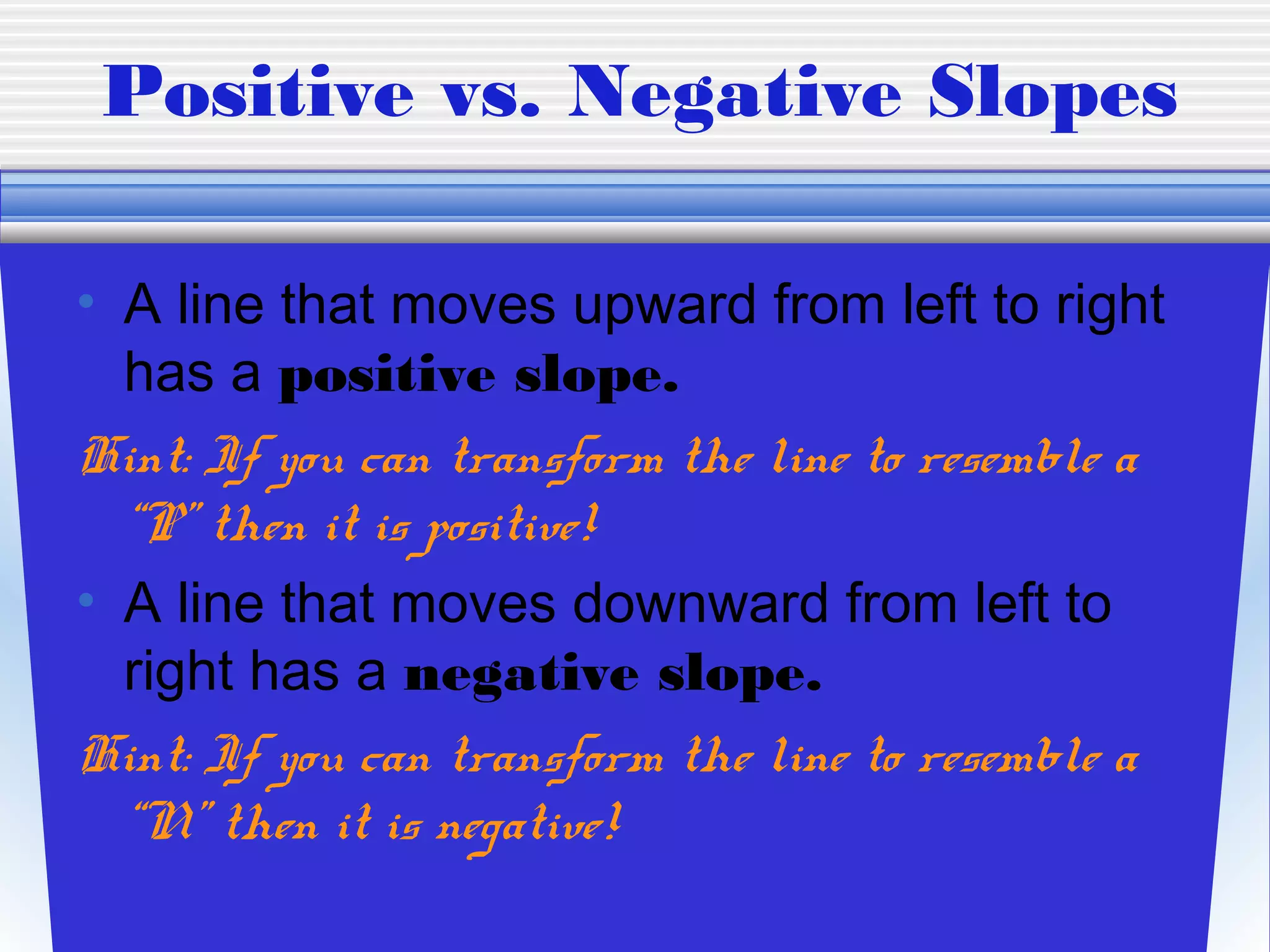 Positive vs. Negative Slopes

• A line that moves upward from left to right
  has a positive slope.
Hint: If you can transform the line to resemble a
  “P” then it is positive!
• A line that moves downward from left to
  right has a negative slope.
Hint: If you can transform the line to resemble a
  “N” then it is negative!
 
