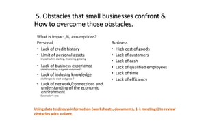5. Obstacles that small businesses confront &
How to overcome those obstacles.
What is impact,%, assumptions?
Personal
• Lack of credit history
• Limit of personal assets
impact when starting, financing, growing
• Lack of business experience
client’s cooking = a great restaurant?
• Lack of industry knowledge
challenges to start and grow ?
• Lack of network/connections and
understanding of the economic
environment
Counselor’s role
Business
• High cost of goods
• Lack of customers
• Lack of cash
• Lack of qualified employees
• Lack of time
• Lack of efficiency
Using data to discuss information (worksheets, documents, 1-1 meetings) to review
obstacles with a client.
 