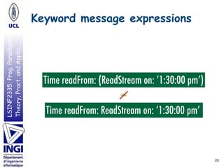 LSINF2335:Prog.Paradigms:
Theory,Pract.andApplic. Keyword message expressions
20
Time readFrom: (ReadStream on: ‘1:30:00 pm’)
Time readFrom: ReadStream on: ‘1:30:00 pm’
=
 