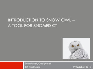 INTRODUCTION TO SNOW OWL – 
A TOOL FOR SNOMED CT 
Sonja Ulrich, Orsolya Bali – B2i Healthcare 
11th October 2013 
 