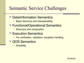 Semantic Service Challenges
 Data/Information Semantics
 Basic discovery and interoperability
 Functional/Operational Semantics
 Discovery and composition
 Execution Semantics
 For verification, validation, exception handling
 QOS Semantics
 Suitability
[Cardoso]
 