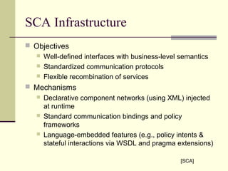 SCA Infrastructure
 Objectives
 Well-defined interfaces with business-level semantics
 Standardized communication protocols
 Flexible recombination of services
 Mechanisms
 Declarative component networks (using XML) injected
at runtime
 Standard communication bindings and policy
frameworks
 Language-embedded features (e.g., policy intents &
stateful interactions via WSDL and pragma extensions)
[SCA]
 