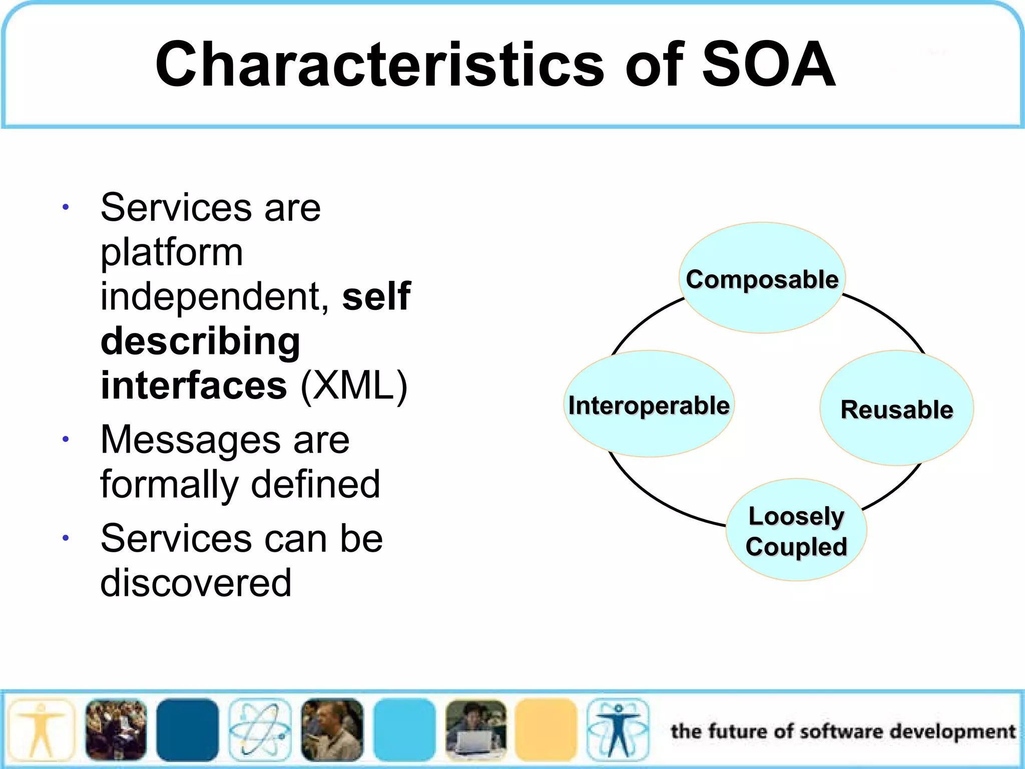 Characteristics of SOA Services are platform independent, self describing interfaces (XML) Messages are formally defined Services can be discovered Interoperable Loosely Coupled Reusable Composable 