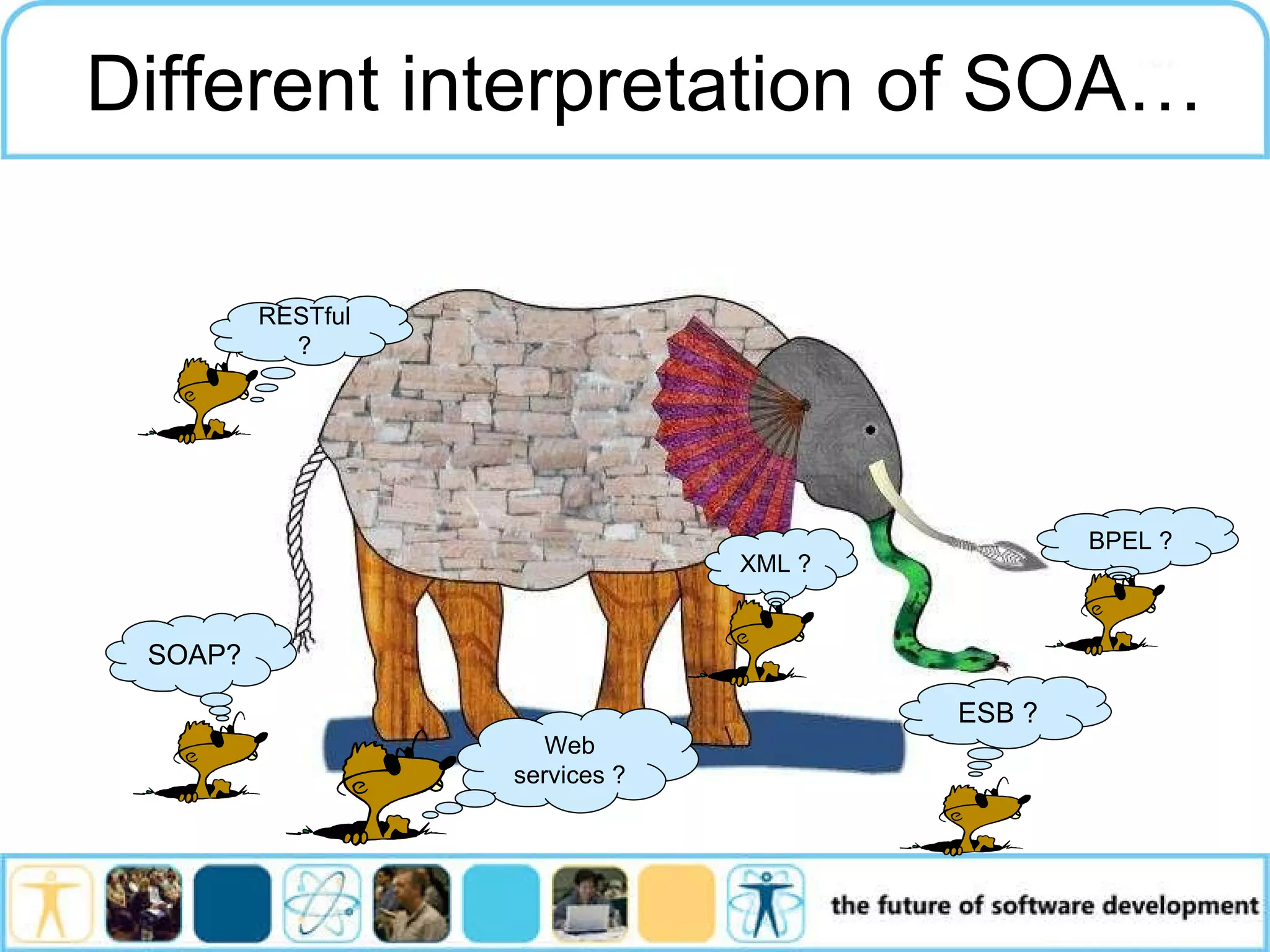 Different interpretation of SOA… ESB ? XML ? BPEL ? Web services ? SOAP? RESTful ? 