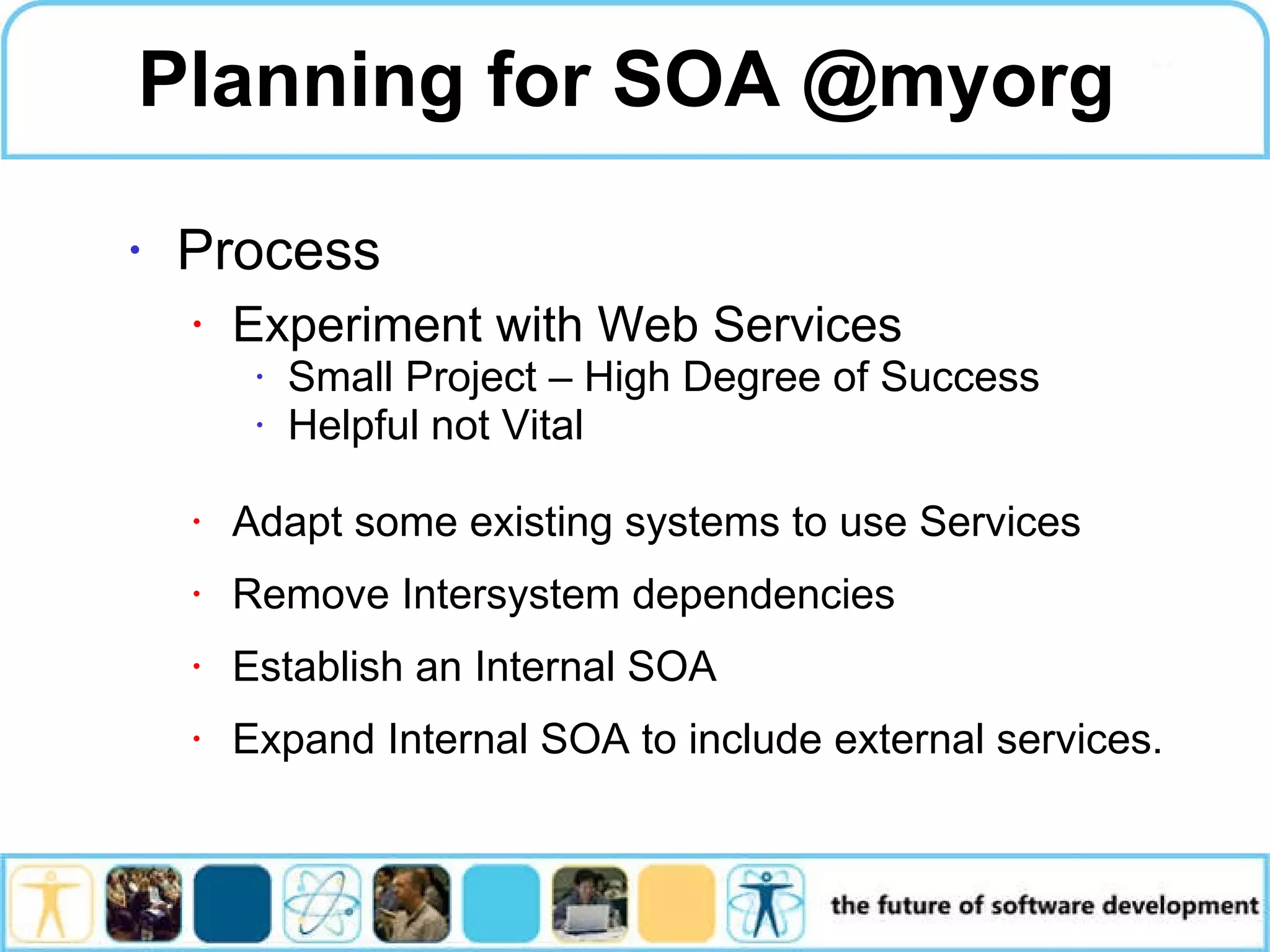 Planning for SOA @myorg Process Experiment with Web Services Small Project – High Degree of Success Helpful not Vital Adapt some existing systems to use Services Remove Intersystem dependencies Establish an Internal SOA Expand Internal SOA to include external services. 