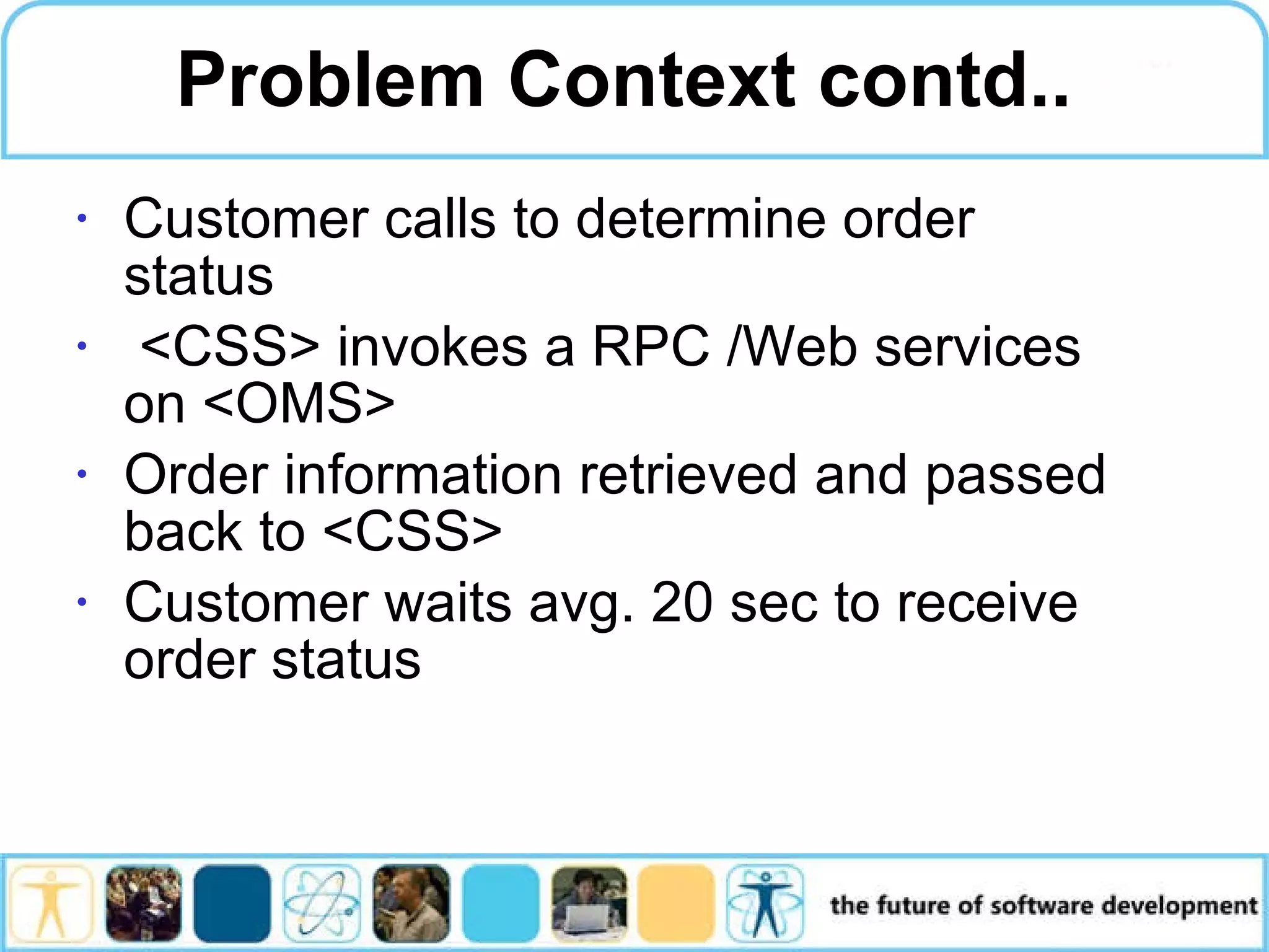 Problem Context contd.. Customer calls to determine order status <CSS> invokes a RPC /Web services on <OMS> Order information retrieved and passed back to <CSS> Customer waits avg. 20 sec to receive order status 