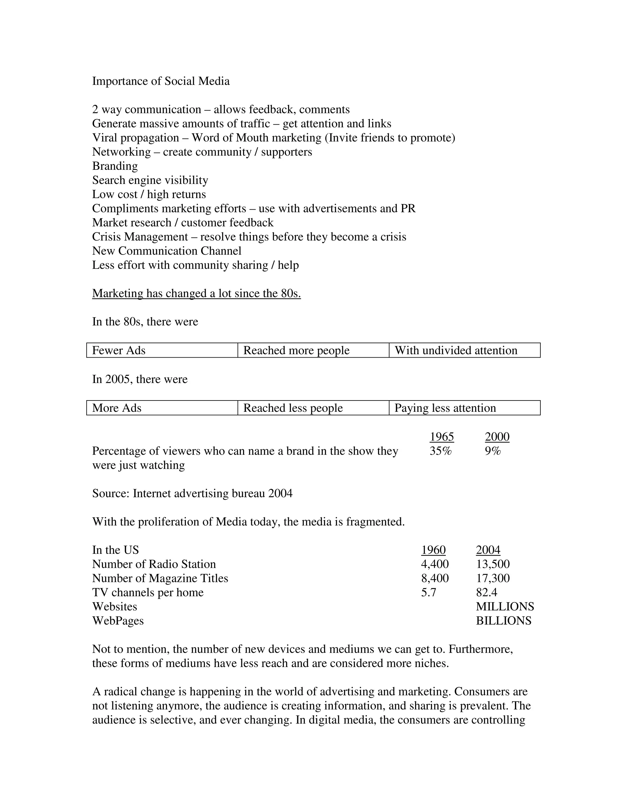 Importance of Social Media

2 way communication – allows feedback, comments
Generate massive amounts of traffic – get attention and links
Viral propagation – Word of Mouth marketing (Invite friends to promote)
Networking – create community / supporters
Branding
Search engine visibility
Low cost / high returns
Compliments marketing efforts – use with advertisements and PR
Market research / customer feedback
Crisis Management – resolve things before they become a crisis
New Communication Channel
Less effort with community sharing / help

Marketing has changed a lot since the 80s.

In the 80s, there were

Fewer Ads                      Reached more people            With undivided attention

In 2005, there were

More Ads                       Reached less people            Paying less attention

                                                                     1965       2000
Percentage of viewers who can name a brand in the show they          35%        9%
were just watching

Source: Internet advertising bureau 2004

With the proliferation of Media today, the media is fragmented.

In the US                                                          1960       2004
Number of Radio Station                                            4,400      13,500
Number of Magazine Titles                                          8,400      17,300
TV channels per home                                               5.7        82.4
Websites                                                                      MILLIONS
WebPages                                                                      BILLIONS

Not to mention, the number of new devices and mediums we can get to. Furthermore,
these forms of mediums have less reach and are considered more niches.

A radical change is happening in the world of advertising and marketing. Consumers are
not listening anymore, the audience is creating information, and sharing is prevalent. The
audience is selective, and ever changing. In digital media, the consumers are controlling
 