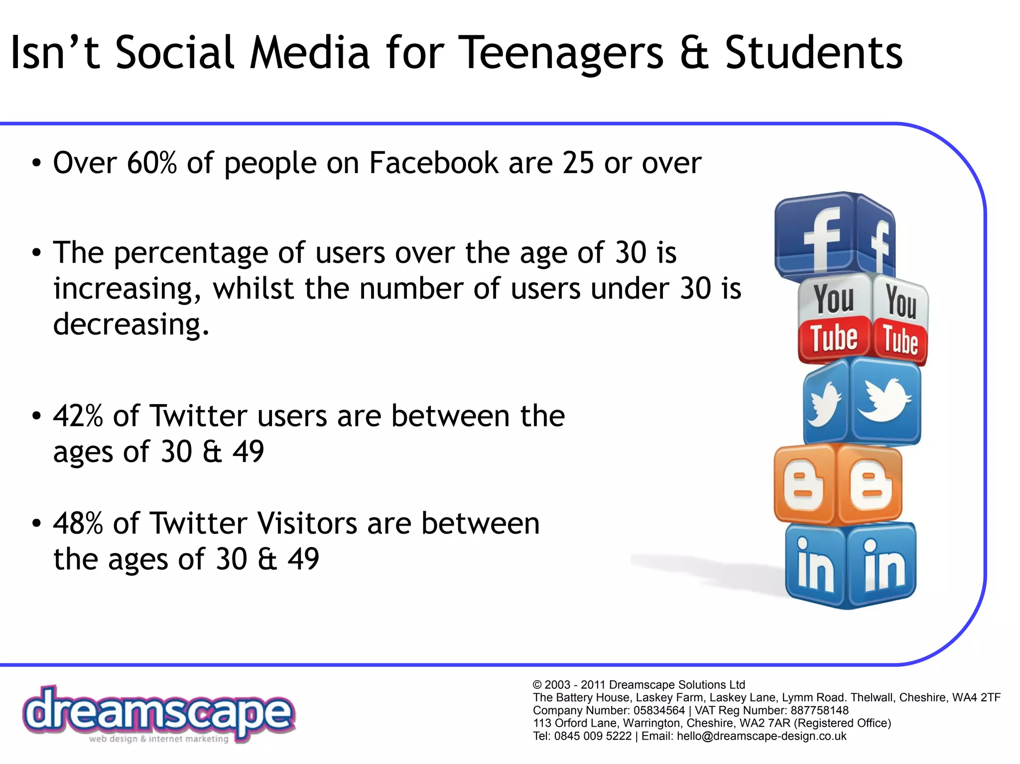 Isn’t Social Media for Teenagers & Students

 ●   Over 60% of people on Facebook are 25 or over

 ●   The percentage of users over the age of 30 is
     increasing, whilst the number of users under 30 is
     decreasing.

 ●   42% of Twitter users are between the
     ages of 30 & 49
      42% of Twitter users are between the ages of 30 & 49.
 ●   48% of Twitter Visitors are between the ages of 30 & 49.
      48% of
             Twitter Visitors are between
     the ages of 30 & 49


                                                  © 2003 - 2011 Dreamscape Solutions Ltd
                                                  The Battery House, Laskey Farm, Laskey Lane, Lymm Road. Thelwall, Cheshire, WA4 2TF
                                                  Company Number: 05834564 | VAT Reg Number: 887758148
                                                  113 Orford Lane, Warrington, Cheshire, WA2 7AR (Registered Office)
                                                  Tel: 0845 009 5222 | Email: hello@dreamscape-design.co.uk
 