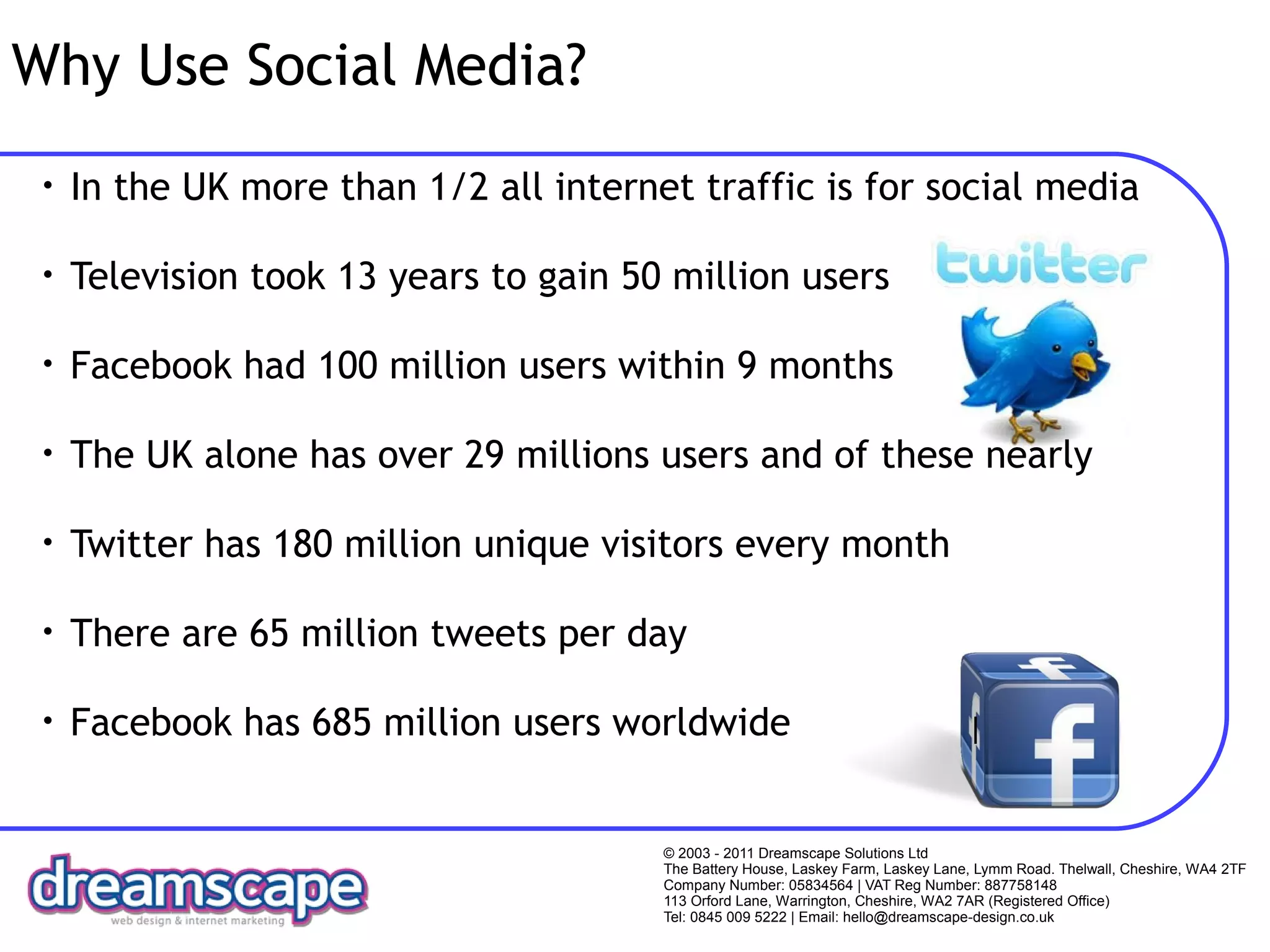 Why Use Social Media?
 •   In the UK more than 1/2 all internet traffic is for social media

 •   Television took 13 years to gain 50 million users

 •   Facebook had 100 million users within 9 months

 •   The UK alone has over 29 millions users and of these nearly

 •   Twitter has 180 million unique visitors every month

 •   There are 65 million tweets per day

 •   Facebook has 685 million users worldwide                                      |



                                        © 2003 - 2011 Dreamscape Solutions Ltd
                                        The Battery House, Laskey Farm, Laskey Lane, Lymm Road. Thelwall, Cheshire, WA4 2TF
                                        Company Number: 05834564 | VAT Reg Number: 887758148
                                        113 Orford Lane, Warrington, Cheshire, WA2 7AR (Registered Office)
                                        Tel: 0845 009 5222 | Email: hello@dreamscape-design.co.uk
 