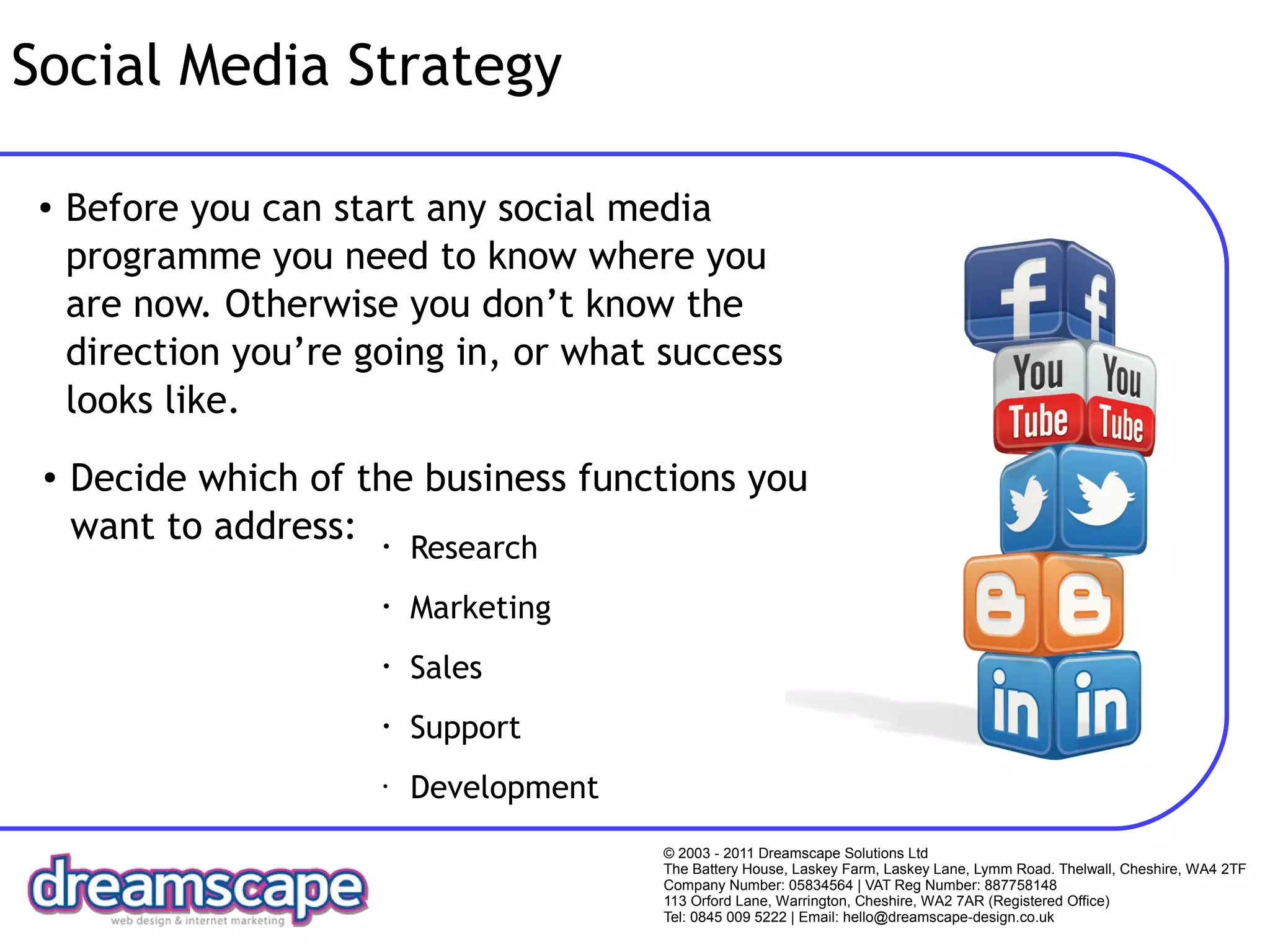 Social Media Strategy

 ●   Before you can start any social media
     programme you need to know where you
     are now. Otherwise you don’t know the
     direction you’re going in, or what success
     looks like.
 ●   Decide which of the business functions you
     want to address: •
                           Research
                       •   Marketing
                       •   Sales
                       •   Support
                       •   Development
                                         © 2003 - 2011 Dreamscape Solutions Ltd
                                         The Battery House, Laskey Farm, Laskey Lane, Lymm Road. Thelwall, Cheshire, WA4 2TF
                                         Company Number: 05834564 | VAT Reg Number: 887758148
                                         113 Orford Lane, Warrington, Cheshire, WA2 7AR (Registered Office)
                                         Tel: 0845 009 5222 | Email: hello@dreamscape-design.co.uk
 