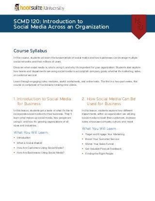 SCMD 120: Introduction to
Social Media Across an Organization



Course Syllabus
In this course, students will learn the fundamentals of social media and how businesses can leverage multiple
social networks and their millions of users

Discover what social media is, who’s using it, and why it’s important for your organization. Students also explore
how teams and departments are using social media to accomplish company goals, whether it’s marketing, sales,
or customer service!

Learn through engaging video modules, useful worksheets, and online tests. The ﬁrst in a two-part series, this
course is comprised of two lessons totaling nine videos.




1. Introduction to Social Media 	                            2. How Social Media Can Be 		
   for Business                                                 Used for Business
In this lesson, students get a taste of what it’s like to    In this lesson, students explore how different
incorporate social media into their business. They’ll        departments within an organization are utilizing
learn what makes up social media, how people are             social media to reach their customers, increase
using it, and how it’s growing organizations of all          sales, showcase company culture, and more!
sizes and industries.
                                                             What You Will Learn:
What You Will Learn:                                         •	 Target and Engage Your Marketing
•	 Introduction                                              •	 Boost Your Customer Service
•	 What is Social Media?                                     •	 Widen Your Sales Funnel
•	 How Are Customers Using Social Media?                     •	 Get Valuable Product Feedback
•	 How Are Businesses Using Social Media?                    •	 Finding the Right People
 