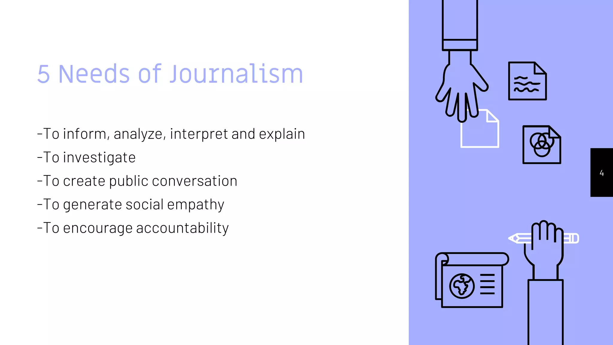 5 Needs of Journalism
-To inform, analyze, interpret and explain
-To investigate
-To create public conversation
-To generate social empathy
-To encourage accountability
4
 