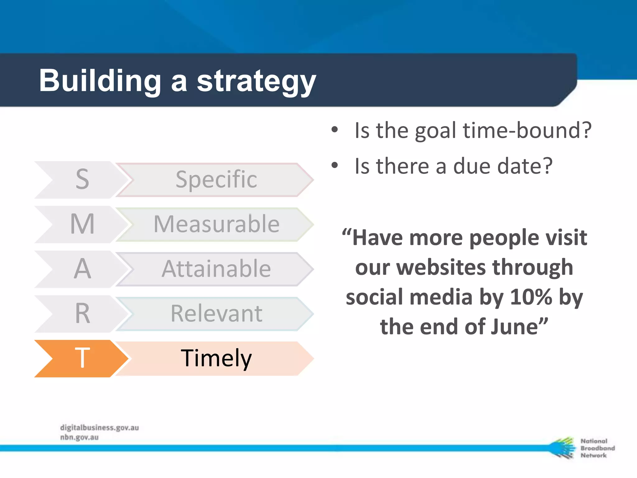 Building a strategy
                      • Is the goal time-bound?
                      • Is there a due date?
  S      Specific
  M    Measurable      “Have more people visit
  A     Attainable      our websites through
                       social media by 10% by
  R     Relevant          the end of June”
  T      Timely
 