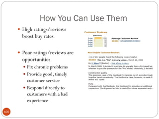 How You Can Use Them
       High ratings/reviews
        boost buy rates

       Poor ratings/reviews are
        opportunities
         Fix chronic problems
         Provide good, timely
          customer service
         Respond directly to
          customers with a bad
          experience

105
 