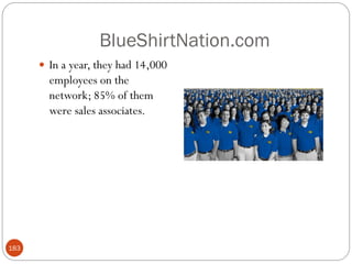BlueShirtNation.com
       In a year, they had 14,000
        employees on the
        network; 85% of them
        were sales associates.




183
 