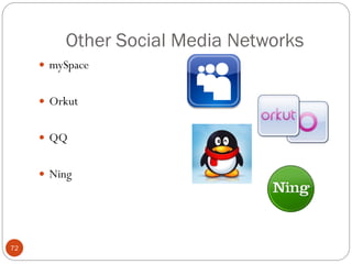 Other Social Media Networks
      mySpace


      Orkut


      QQ


      Ning




72
 