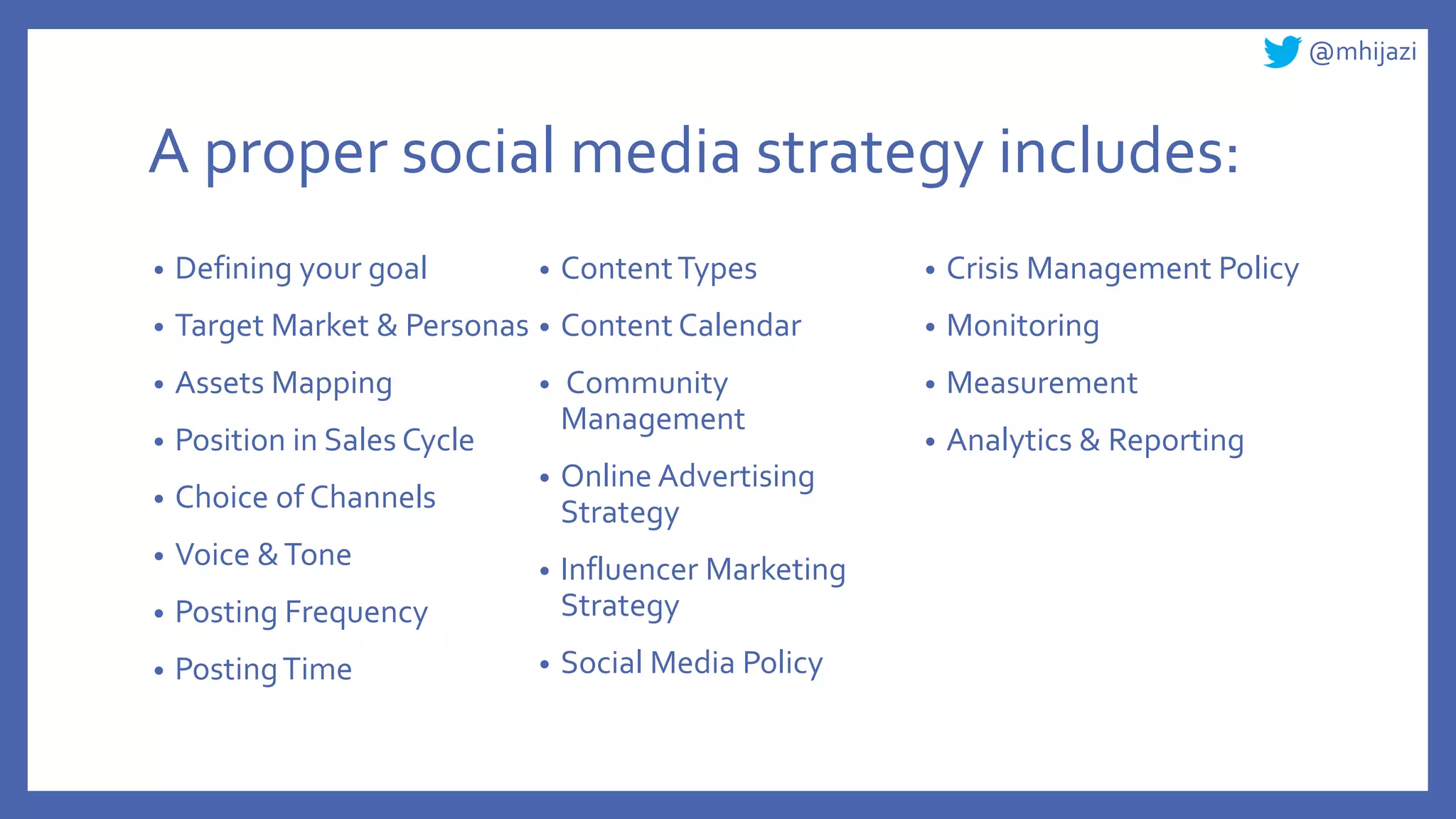 @mhijazi
A proper social media strategy includes:
• Defining your goal
• Target Market & Personas
• Assets Mapping
• Position in Sales Cycle
• Choice of Channels
• Voice &Tone
• Posting Frequency
• PostingTime
• ContentTypes
• Content Calendar
• Community
Management
• Online Advertising
Strategy
• Influencer Marketing
Strategy
• Social Media Policy
• Crisis Management Policy
• Monitoring
• Measurement
• Analytics & Reporting
 