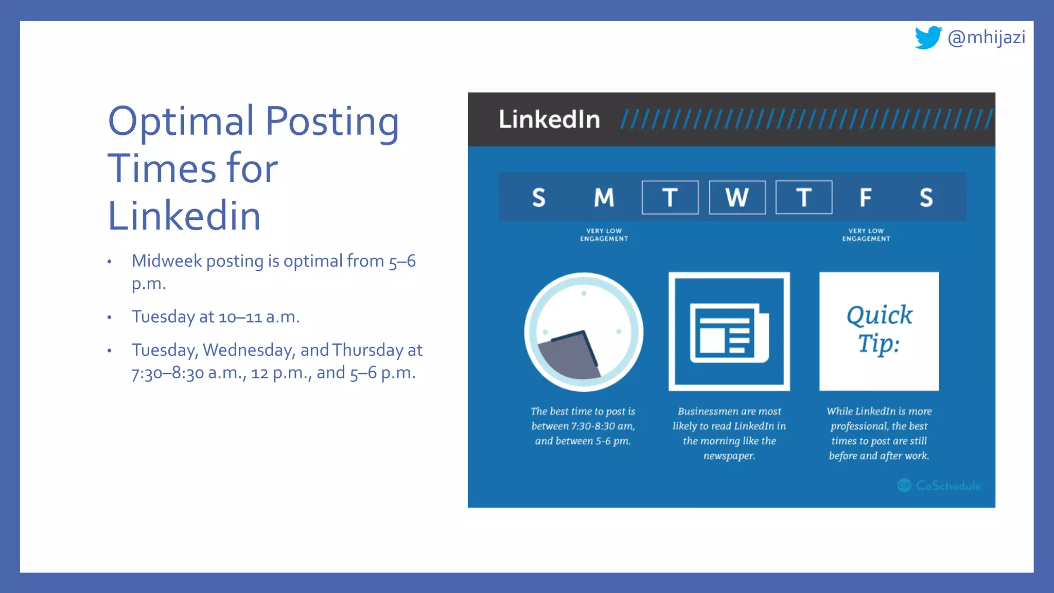 @mhijazi
Optimal Posting
Times for
Linkedin
• Midweek posting is optimal from 5–6
p.m.
• Tuesday at 10–11 a.m.
• Tuesday,Wednesday, andThursday at
7:30–8:30 a.m., 12 p.m., and 5–6 p.m.
 