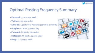 @mhijazi
Optimal Posting Frequency Summary
• Facebook: 5-10 post a week
• Twitter: 5-30 post a day
• Linkedin: 1 post every weekday (20 times a month)
• Google+: At least 3 posts a day
• Pinterest: At least 5 pins a day
• Instagram: At least 1.5 posts a day
• Blogs: 1-2 posts a week
 