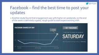 @mhijazi
Facebook – find the best time to post your
updates
• Another study found that engagement was 32% higher on weekends, so the end
of the week is definitely a good, rough guide to start experimenting with.
 