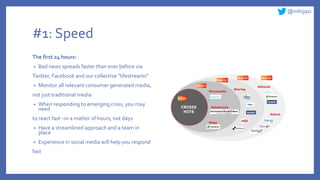 @mhijazi
#1: Speed
The first 24 hours:
• Bad news spreads faster than ever before via
Twitter, Facebook and our collective “lifestreams”
• Monitor all relevant consumer generated media,
not just traditional media
• When responding to emerging crisis, you may
need
to react fast –in a matter of hours, not days
• Have a streamlined approach and a team in
place
• Experience in social media will help you respond
fast
 