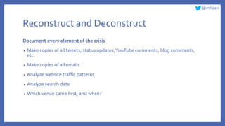 @mhijazi
Reconstruct and Deconstruct
Document every element of the crisis
• Make copies of all tweets, status updates,YouTube comments, blog comments,
etc.
• Make copies of all emails
• Analyze website traffic patterns
• Analyze search data
• Which venue came first, and when?
 
