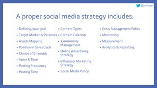 @mhijazi
A proper social media strategy includes:
• Defining your goal
• Target Market & Personas
• Assets Mapping
• Posit...