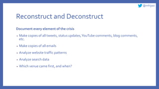 @mhijazi
Reconstruct and Deconstruct
Document every element of the crisis
• Make copies of all tweets, status updates,YouT...
