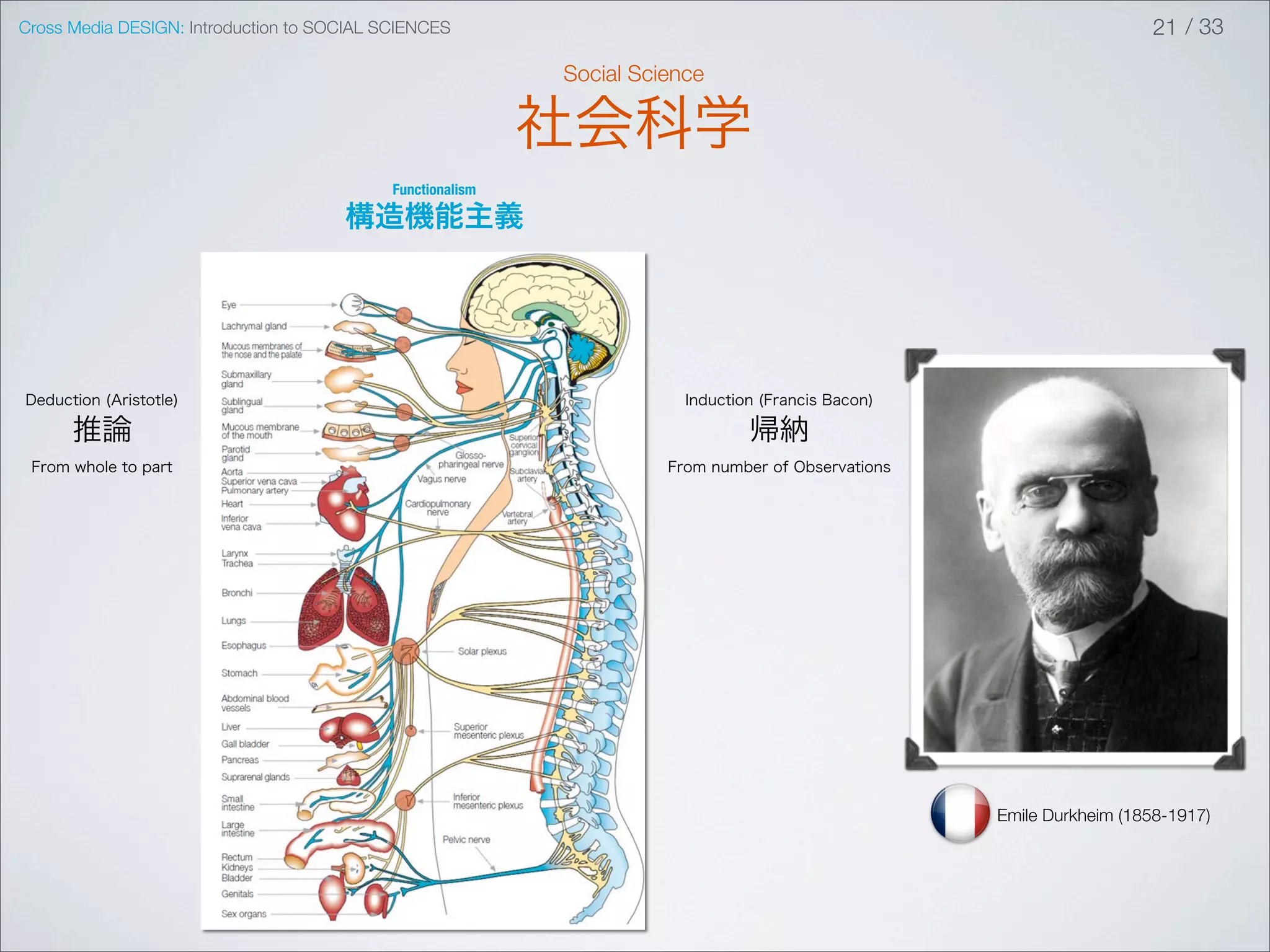 Cross Media DESIGN: Introduction to SOCIAL SCIENCES                                                                   21 / 33

                                                            Social Science

                                                            社会科学
                                            Functionalism

                                      構造機能主義




Deduction (Aristotle)                                                   Induction (Francis Bacon)

      推論                                                                        帰納
 From whole to part                                                   From number of Observations




                                                                                                    Emile Durkheim (1858-1917)
 