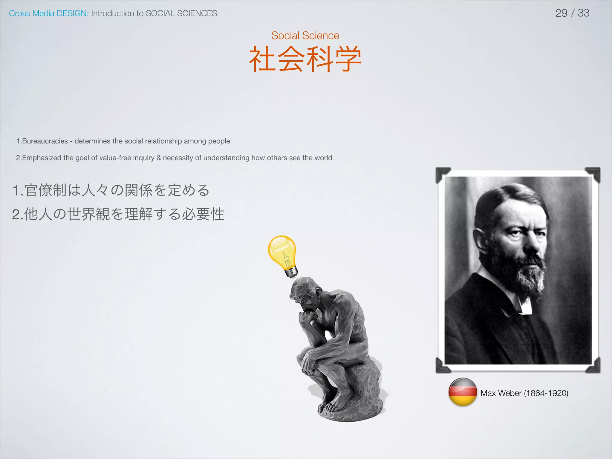 Cross Media DESIGN: Introduction to SOCIAL SCIENCES                                                                   29 / 33

                                                                               Social Science

                                                                        社会科学

 1.Bureaucracies - determines the social relationship among people

 2.Emphasized the goal of value-free inquiry & necessity of understanding how others see the world



1.官僚制は人々の関係を定める
2.他人の世界観を理解する必要性




                                                                                                     Max Weber (1864-1920)
 