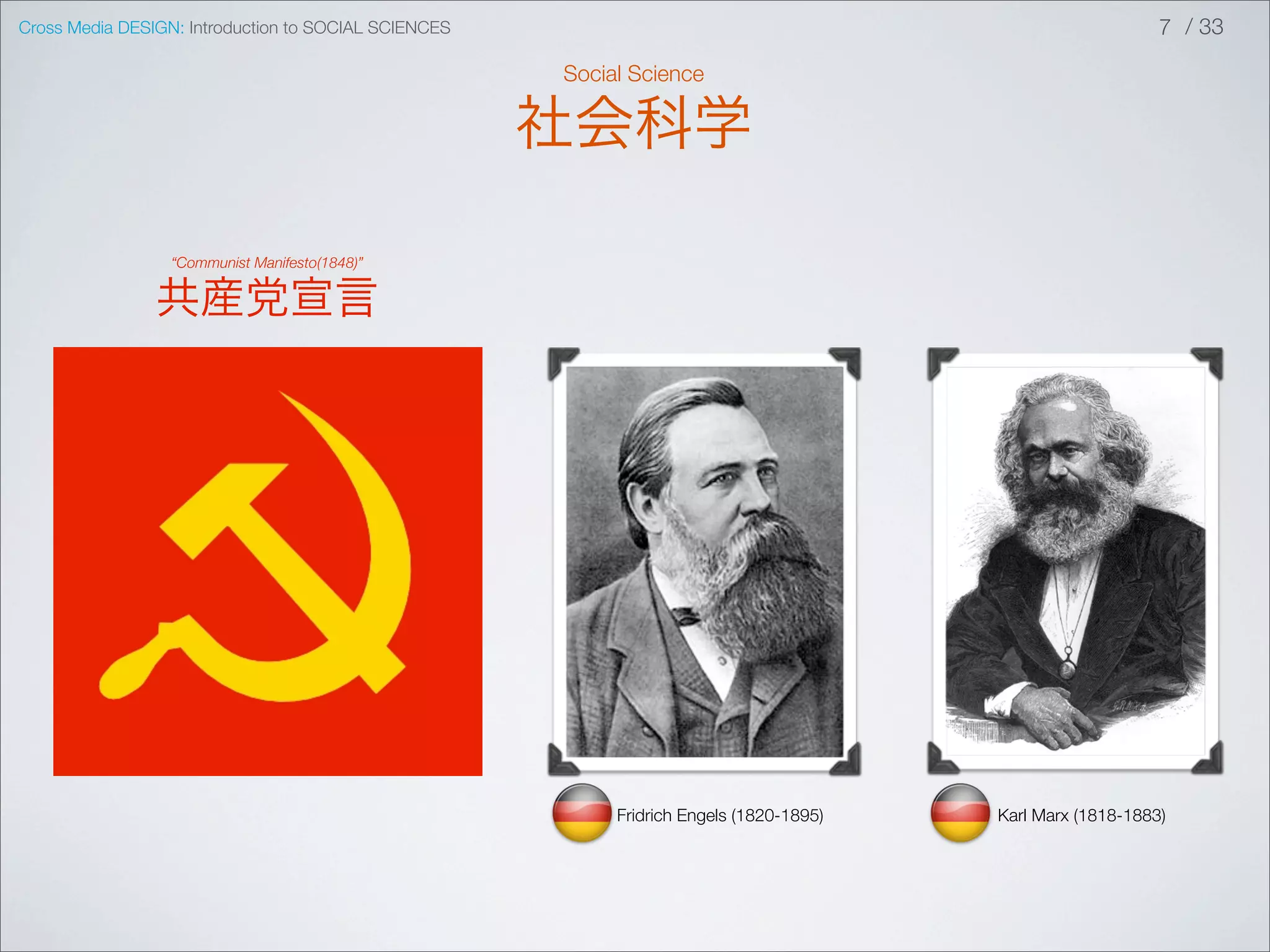Cross Media DESIGN: Introduction to SOCIAL SCIENCES                                                          7 / 33

                                                      Social Science

                                                      社会科学

                 “Communist Manifesto(1848)”


                共産党宣言




                                                           Fridrich Engels (1820-1895)   Karl Marx (1818-1883)
 